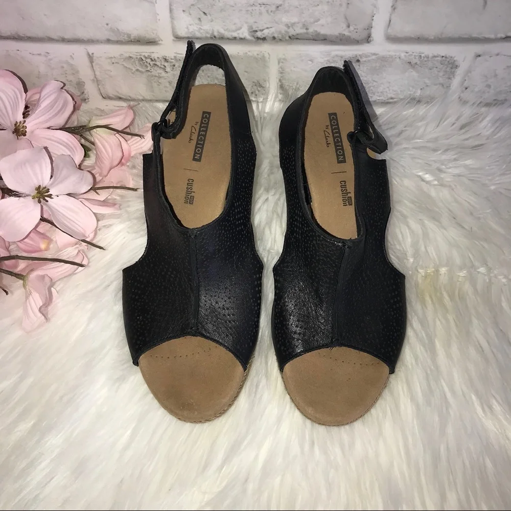 Clarks Black Leather Espadrille Wedge Sandals